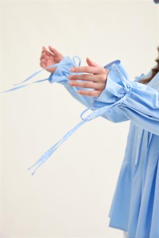 Carol Nervürlü Fırfırlı Gömlek- Mavi