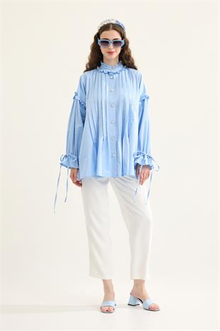 Carol Nervürlü Fırfırlı Gömlek- Mavi