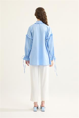 Carol Nervürlü Fırfırlı Gömlek- Mavi