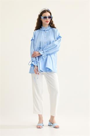 Carol Nervürlü Fırfırlı Gömlek- Mavi