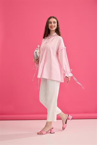 Carol Nervürlü Fırfırlı Gömlek- Pembe