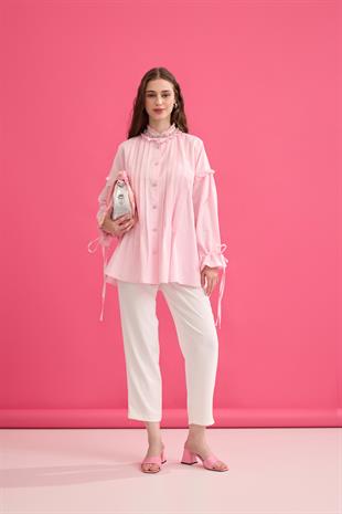 Carol Nervürlü Fırfırlı Gömlek- Pembe