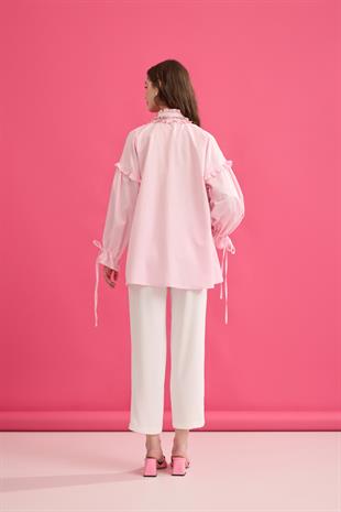 Carol Nervürlü Fırfırlı Gömlek- Pembe