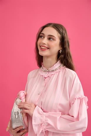 Carol Nervürlü Fırfırlı Gömlek- Pembe