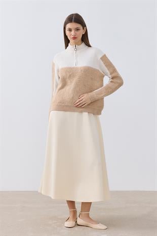 Celina Fermuarlı Buklet Kazak- Camel 