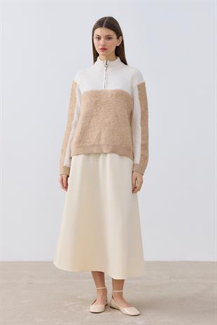 Celina Fermuarlı Buklet Kazak- Camel 