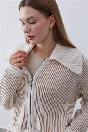 Celoisa Fermuarlı Triko Ceket- Vizon 