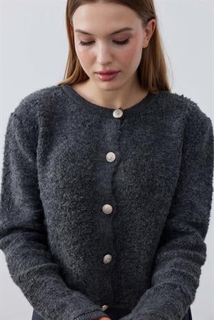 Ceremony Eskitme Düğme Detaylı Buklet Hırka- Antrasit 