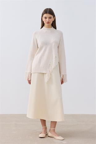 Chelsea Püsküllü Asimetrik Kazak- Açık bej