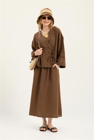 Chen Müslin Etek Takım - Kahverengi