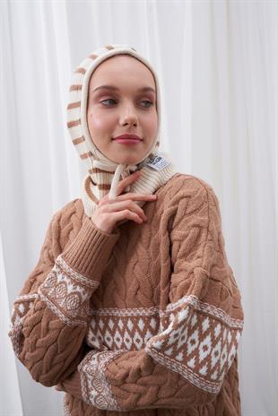 ÇİZGİLİ KAPÜŞONLU BERE - BEJ