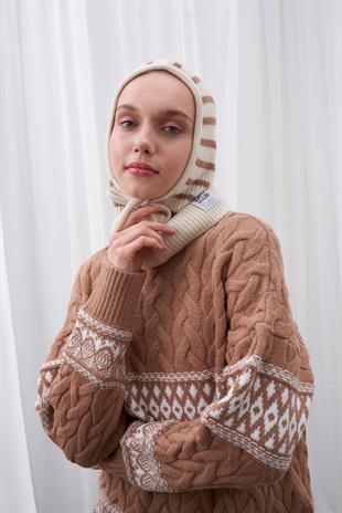 ÇİZGİLİ KAPÜŞONLU BERE - BEJ