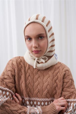 ÇİZGİLİ KAPÜŞONLU BERE - BEJ