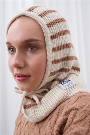 ÇİZGİLİ KAPÜŞONLU BERE - BEJ