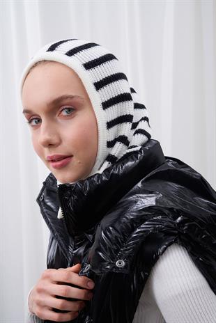 ÇİZGİLİ KAPÜŞONLU BERE - BEYAZ