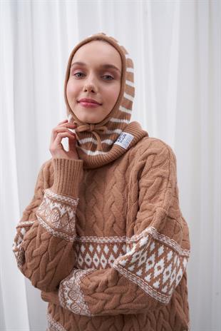 ÇİZGİLİ KAPÜŞONLU BERE - CAMEL