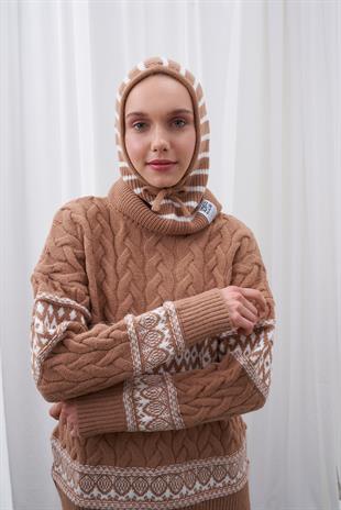 ÇİZGİLİ KAPÜŞONLU BERE - CAMEL