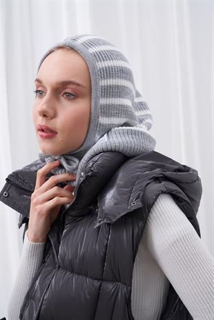 ÇİZGİLİ KAPÜŞONLU BERE - GRİ