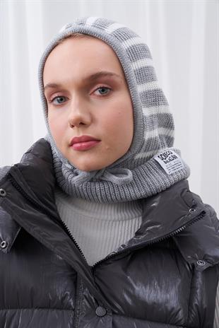 ÇİZGİLİ KAPÜŞONLU BERE - GRİ