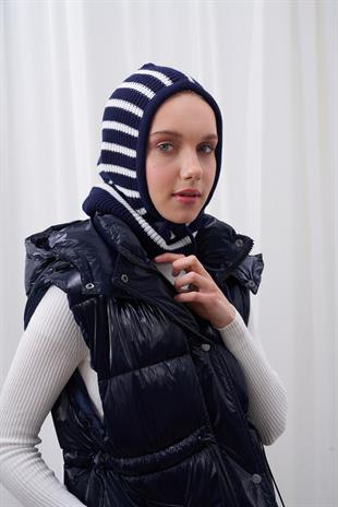 ÇİZGİLİ KAPÜŞONLU BERE LACİVERT