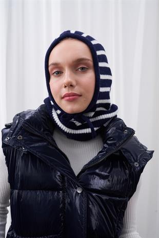 ÇİZGİLİ KAPÜŞONLU BERE LACİVERT