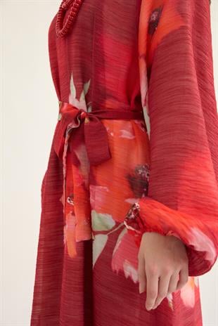 Claire Kemerli Desenli Elbise - Nar çiçeği