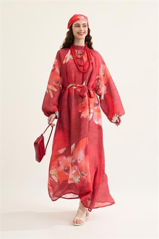 Claire Kemerli Desenli Elbise - Nar çiçeği