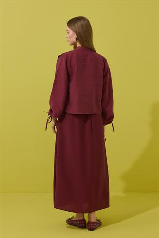 Clara Britt Düğmeli Nervürlü Modal Takım - Bordo