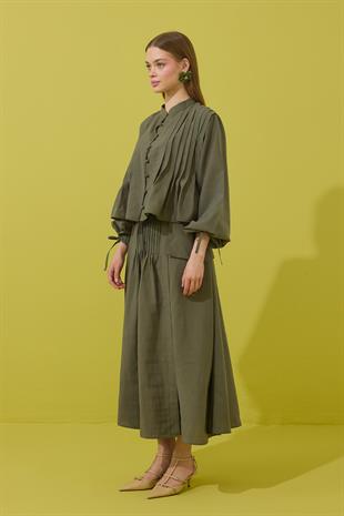 Clara Britt Düğmeli Nervürlü Modal Takım - Haki 