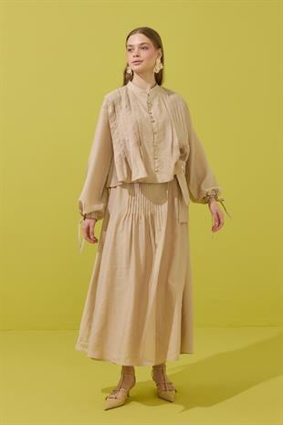 Clara Britt Düğmeli Nervürlü Modal Takım - Bej