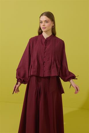 Clara Britt Düğmeli Nervürlü Modal Takım - Bordo