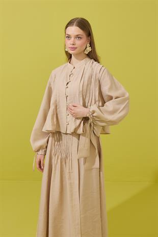 Clara Britt Düğmeli Nervürlü Modal Takım - Bej