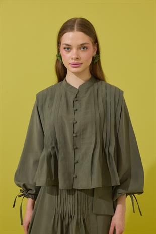 Clara Britt Düğmeli Nervürlü Modal Takım - Haki 