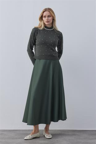 Clara İnci İşlemeli Yaka Taşlı Kazak- Haki