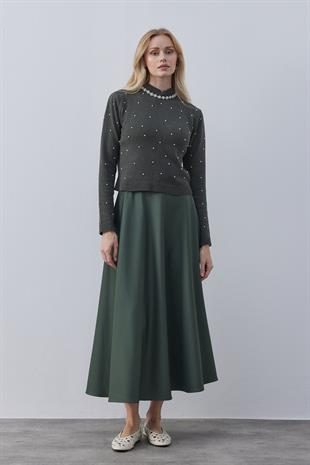 Clara İnci İşlemeli Yaka Taşlı Kazak- Haki