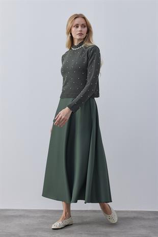 Clara İnci İşlemeli Yaka Taşlı Kazak- Haki