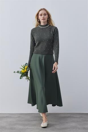 Clara İnci İşlemeli Yaka Taşlı Kazak- Haki