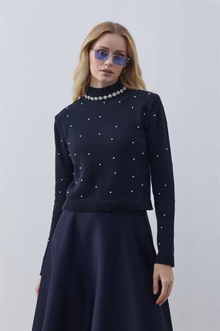 Clara İnci İşlemeli Yaka Taşlı Kazak- Lacivert