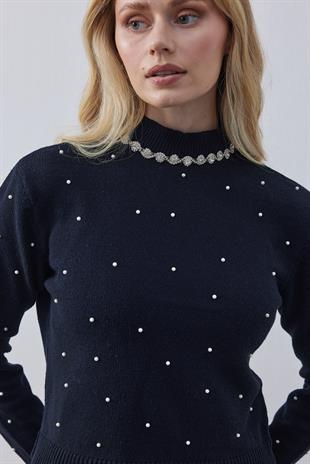 Clara İnci İşlemeli Yaka Taşlı Kazak- Lacivert