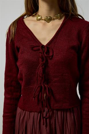 Clea Bağcıklı Hırka - Bordo 