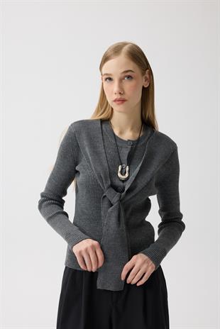 Clemence Atkılı Fitilli Hırka - Antrasit 