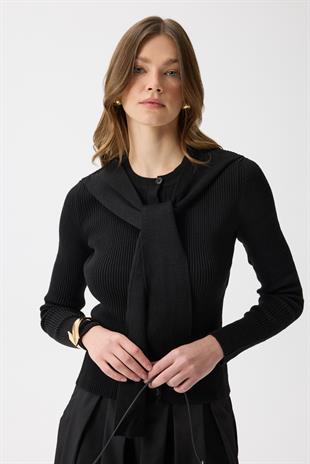 Clemence Atkılı Fitilli Hırka - Siyah
