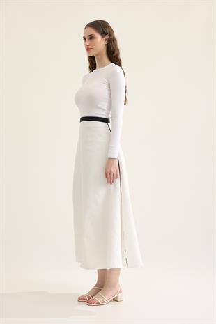 Clove Biye Geçişli Paraşüt Etek - Beyaz