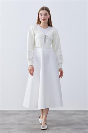 Clover Taşlı Bağcıklı Hırka- Ekru 