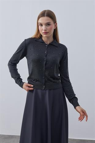 Cora İnci İşlemeli Hırka - Antrasit