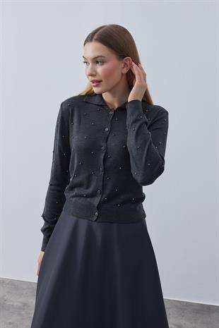 Cora İnci İşlemeli Hırka - Antrasit