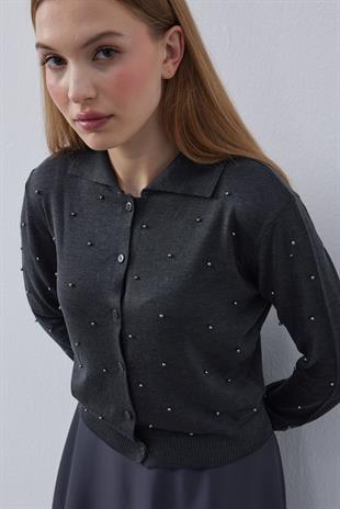 Cora İnci İşlemeli Hırka - Antrasit