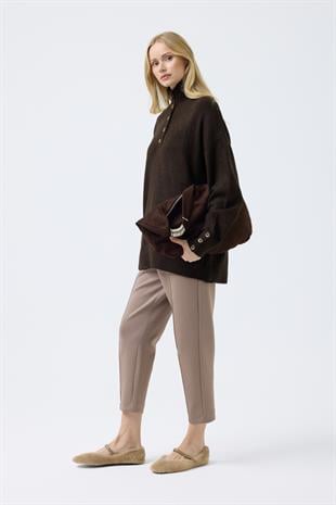 Coral Düğme Detaylı Basic Kazak - Kahverengi 