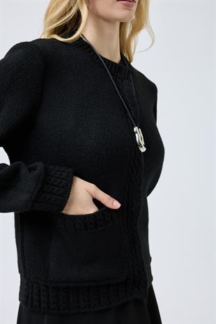Cruz Cepli Çıtçıtlı Örme Hırka - Siyah 