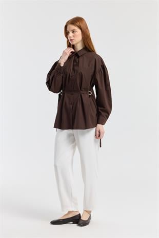 D Tokalı Balon Kol Poplin Gömlek - Acı kahve